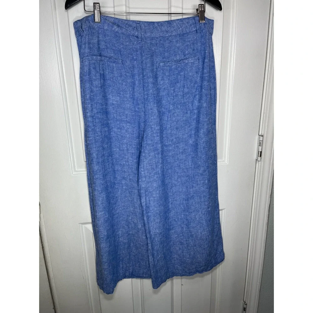 Zara Pants Womens XL Blue Linen Blend High Rise Wide Leg Cropped Patch Pocket